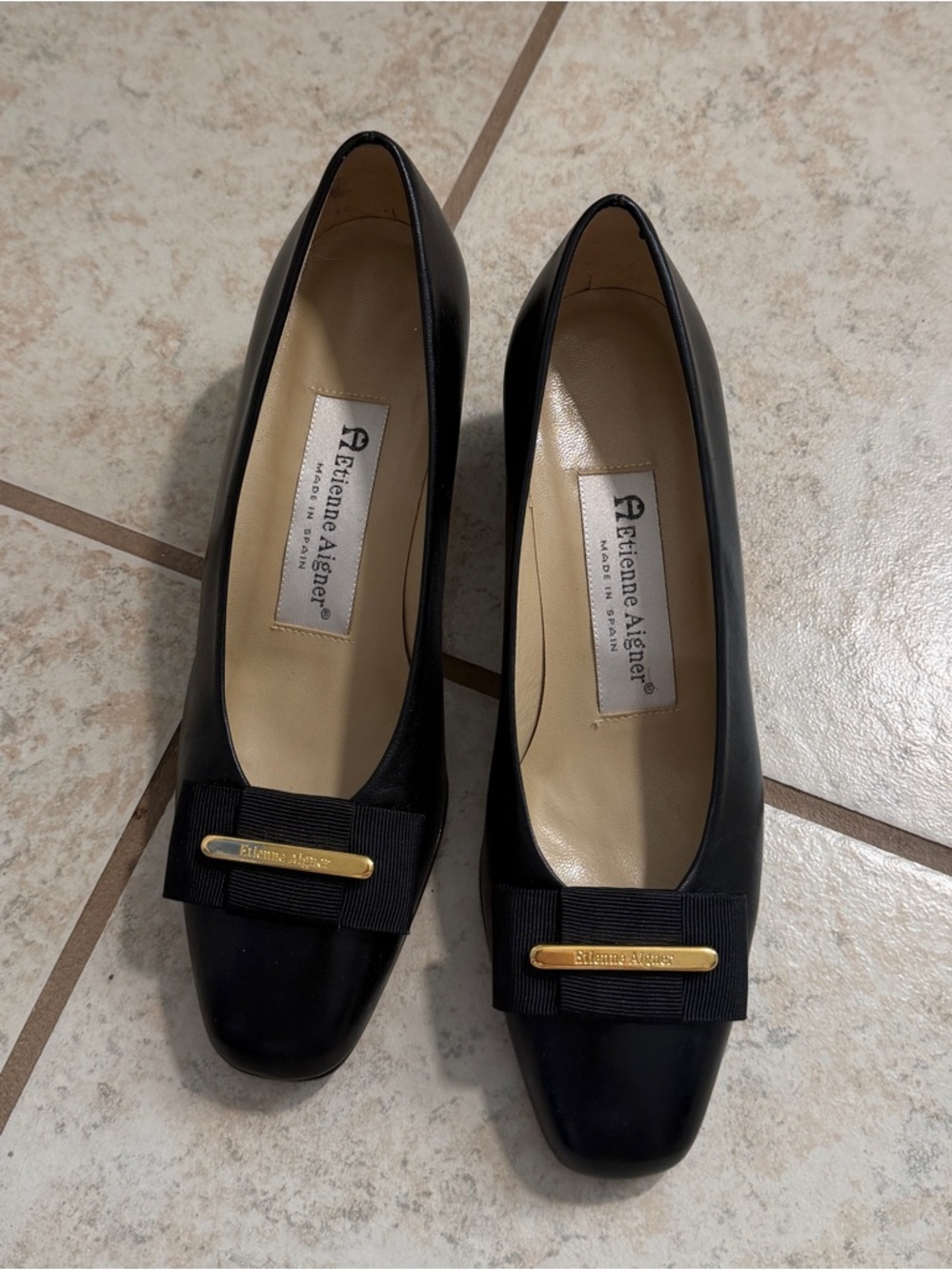 Etienne Aigner Black Leather Pumps with Gold Bar Accent